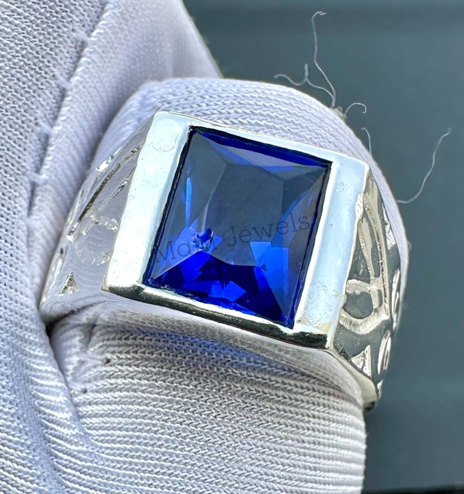 Solid 925 Sterling Silver Men's Ring with Blue Sapphire Gemstone Men's Ring