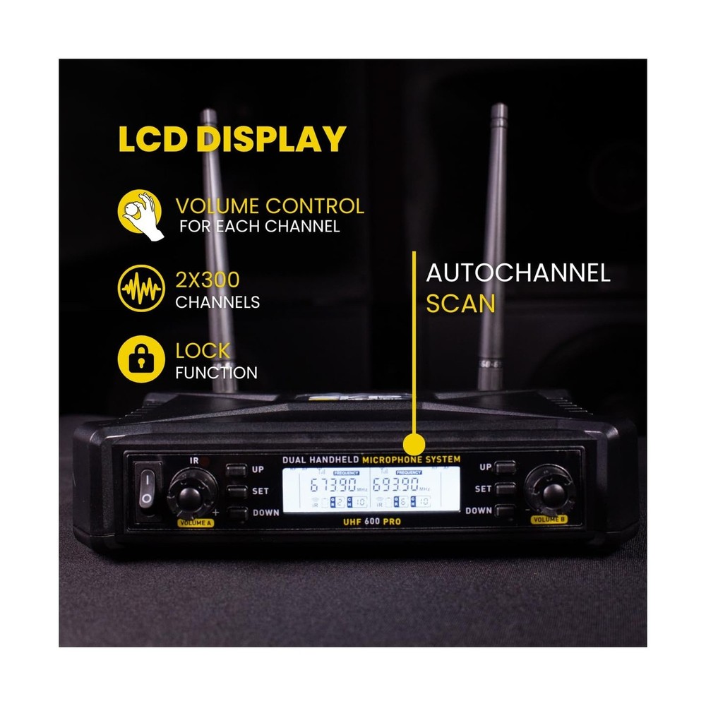 Dual Wireless Microphone System Auto-Scan Long Range Mic Set with Receiver, L...