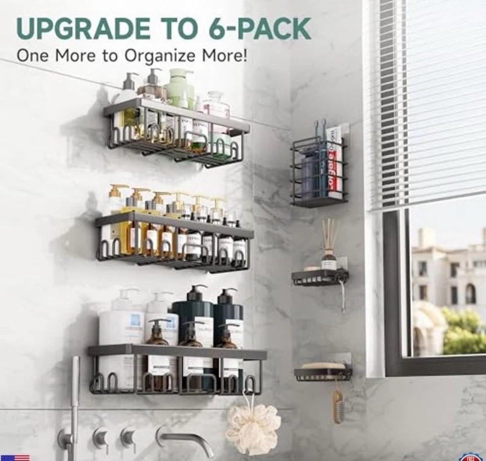 Rustproof Waterproof Shower Caddy 6-Pack, No Drill Adhesive Shelves & Soap
