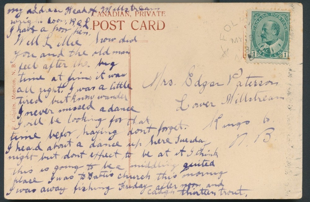 Folkins, NB - 1908 Split Ring Cancel on Elgin, NB Postcard