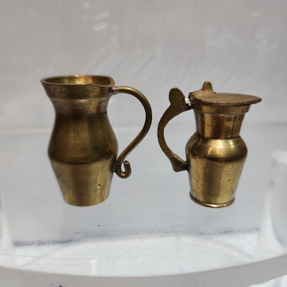 2 Vintage Miniature 2" Dollhouse Solid Brass Pitcher Set Made in India