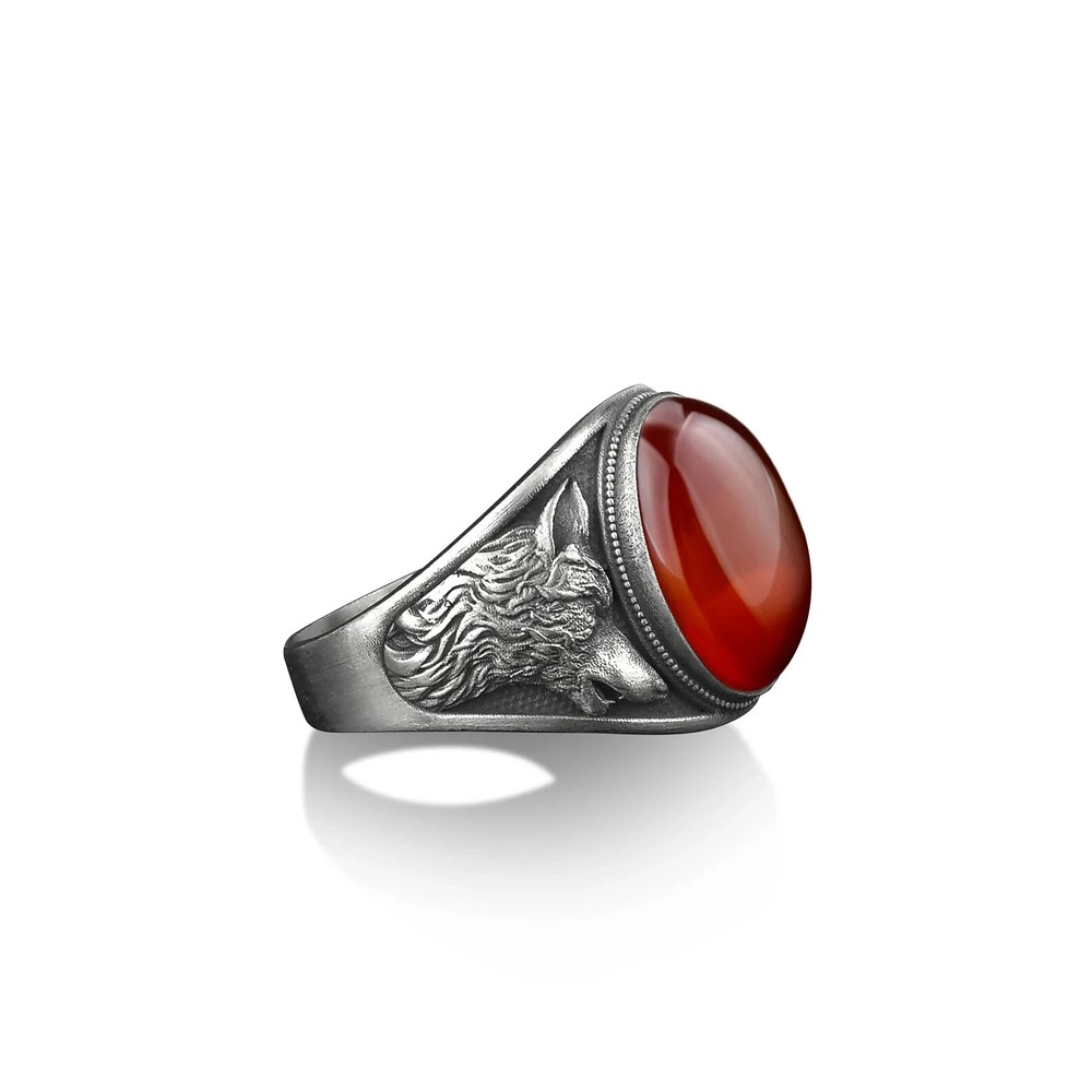 Solid 925 Sterling Silver Natural Red Carnelian Gemstone Howling wolf Men's Ring