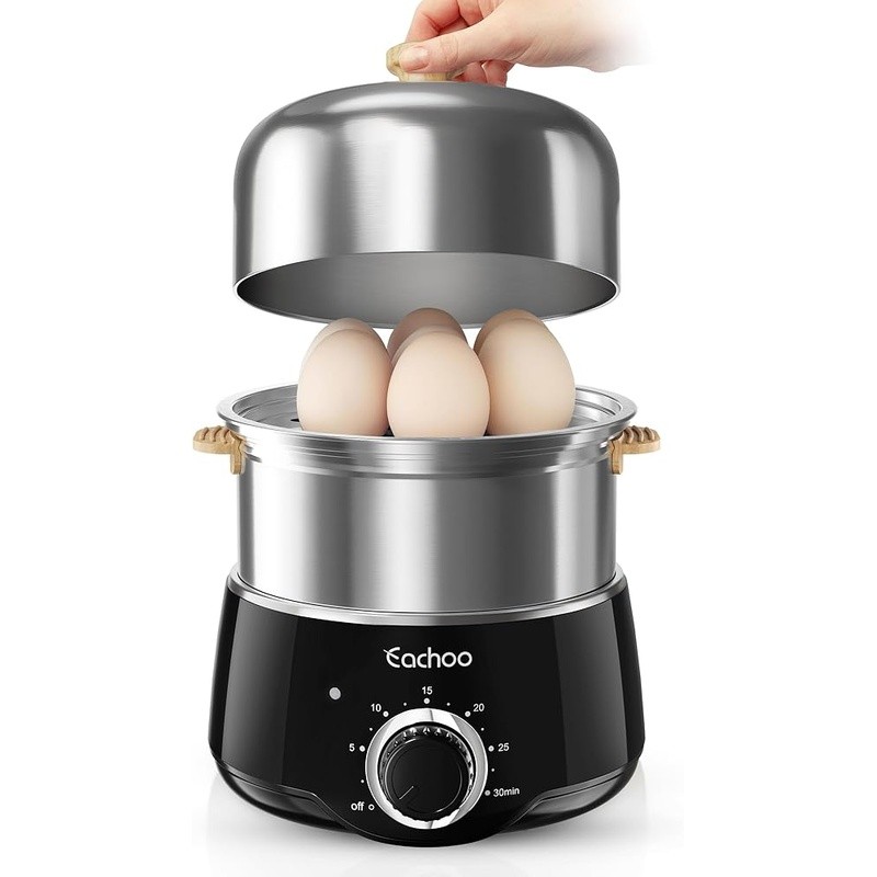 Dual Tier Egg Cooker 14 Egg Capacity Timer Automatic Shut Off Multi Use 350W