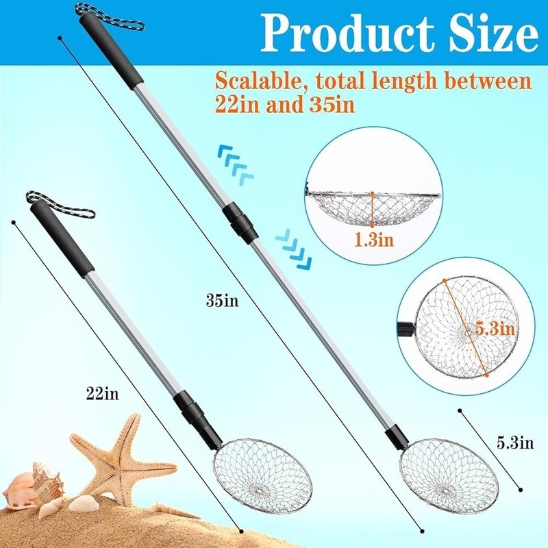 2 Pack 5.3 Inch Beach Sand Sifter Tool Adjustable Long Handle Shell Scooper New