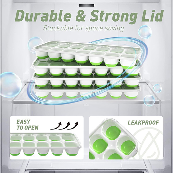 Ice Cube Tray with Lid, 2 Packs 28 Cubes Durable Stackable Easy-Release