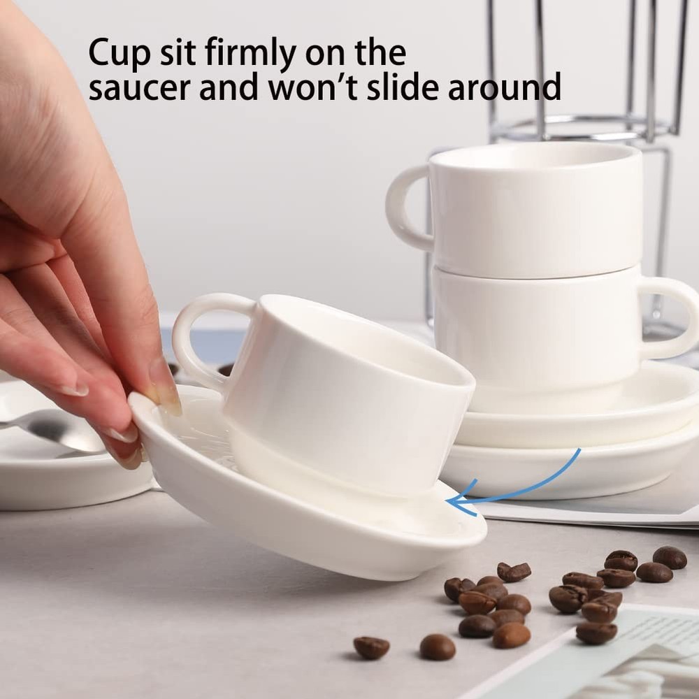 Porcelain Espresso Cups with Saucers, 2.5 Ounce Stackable Cappuccino Cups wit...