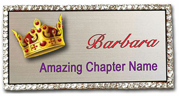 CROWN RED HAT SILVER BLING CRYSTAL EDGED PERSONALIZED NAME BADGE MAGNET BACK