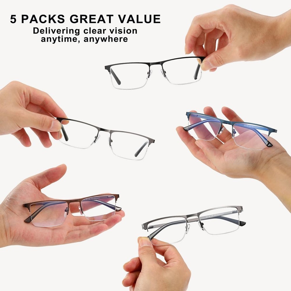 EYECEDAR 5 Pack Quality Reading Glasses Men Metal Half Frame Spring Hinges Bl...