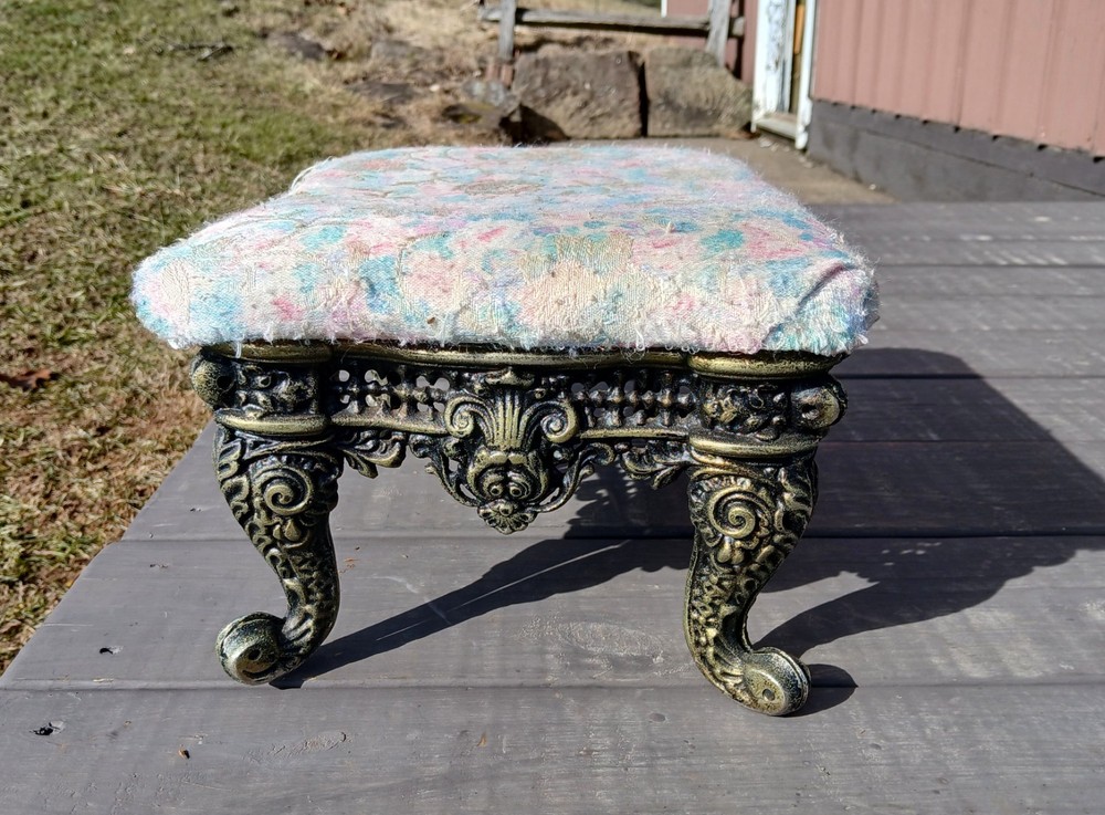 Vintage Upholstered Victorian Foot Stool with Cast Iron Base