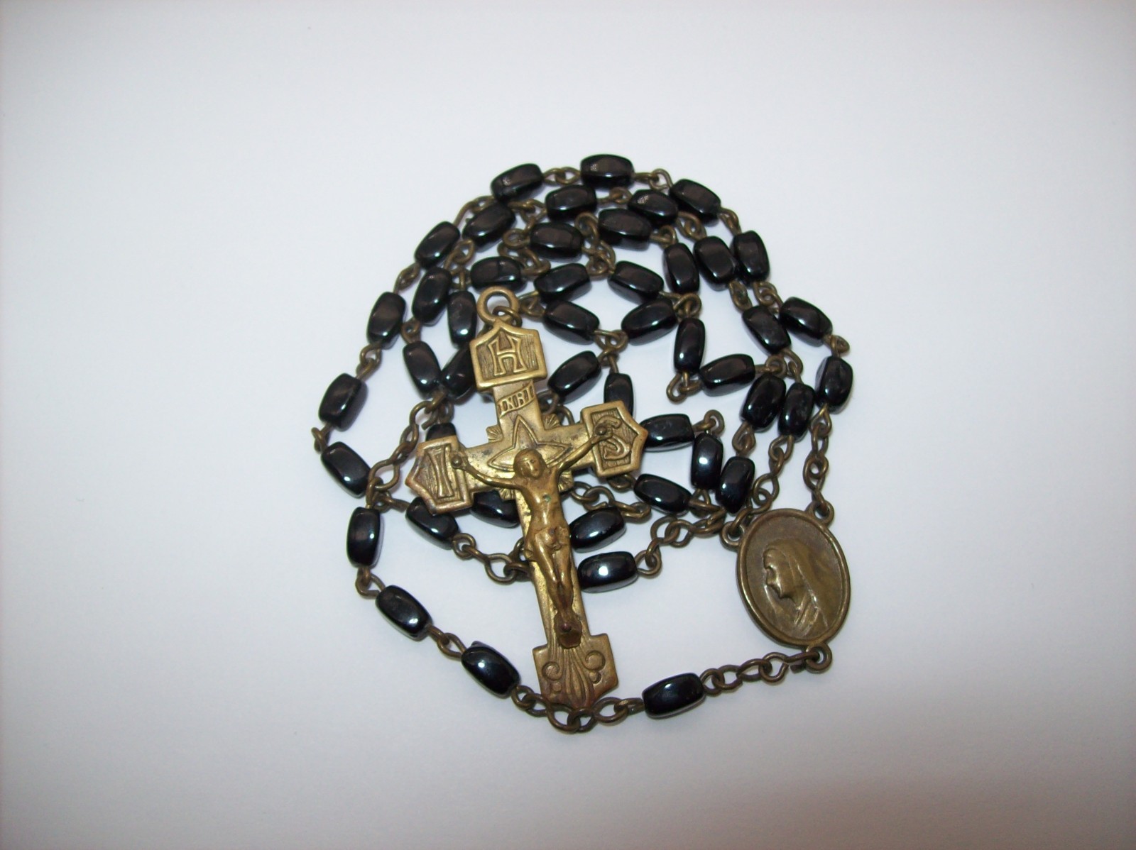 Vintage Catholic Rosary Black Beads Brass Crucifix Made in Czechoslovakia