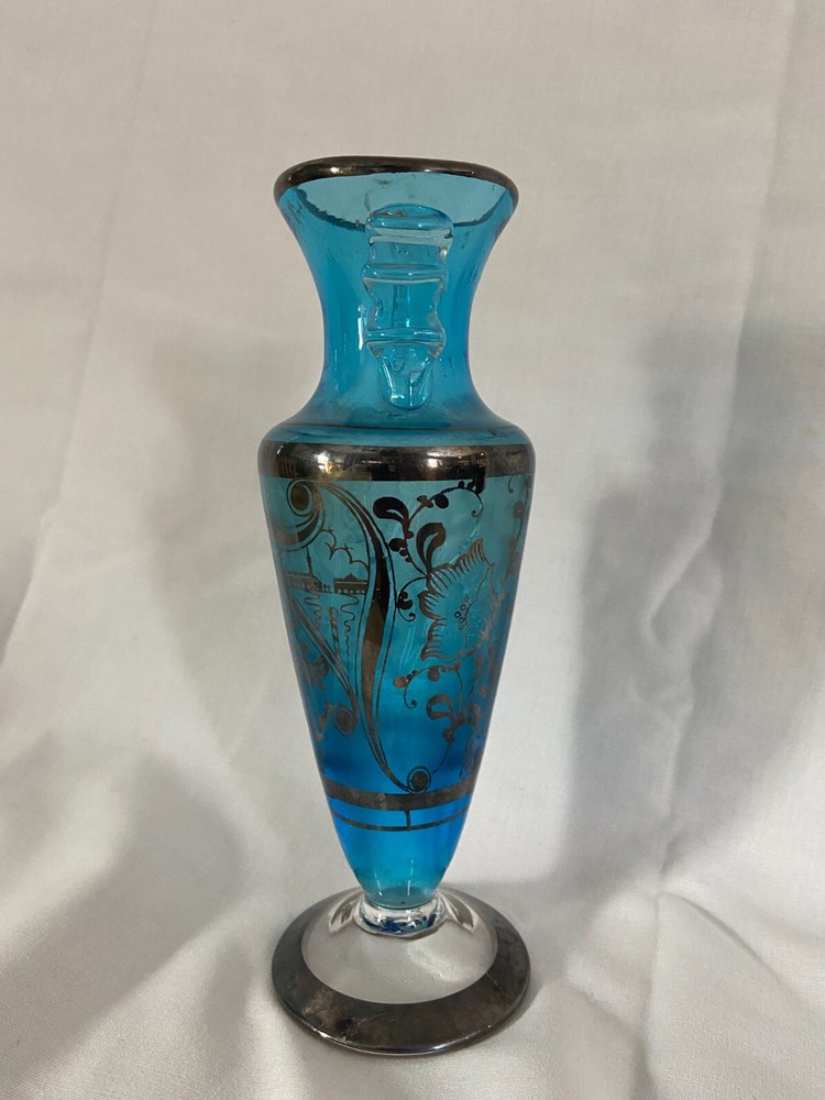 Vintage Blue Glass Vase with Applied Silver