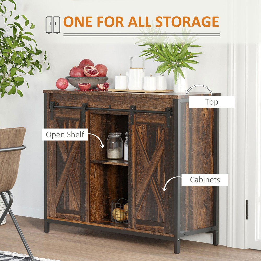 Industrial Kitchen Sideboard, Buffet Cabinet w/ Sliding Barn Doors, Rustic Brown