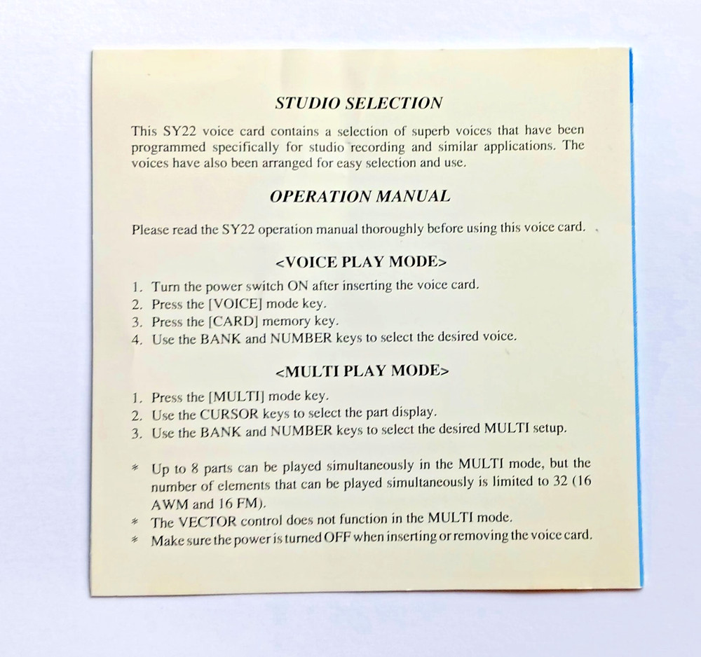 PAPER NOTES / ART INSERT ONLY for YAMAHA ROM Card Vector 2 Studio Selection SY22