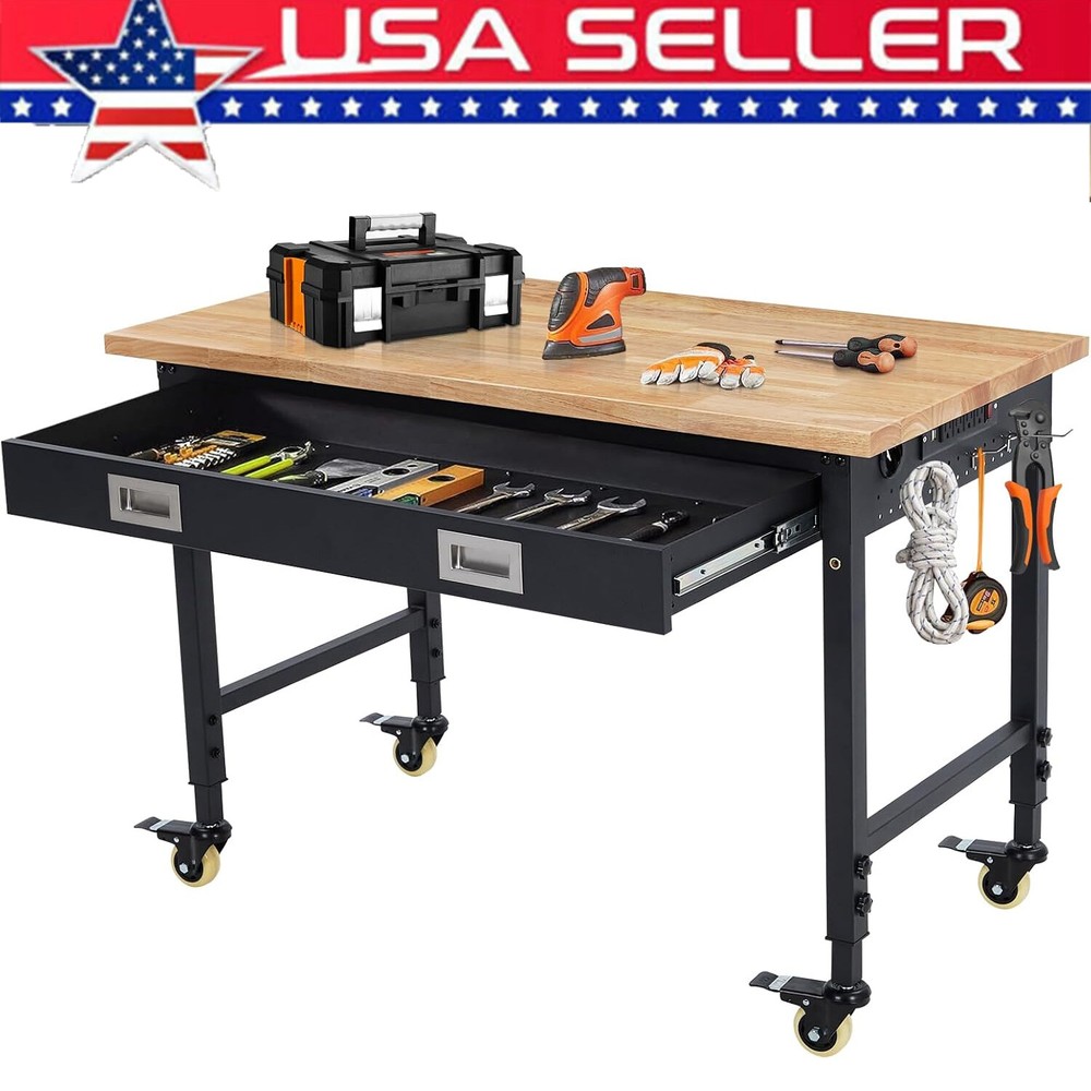 Adjustable Workbench 48"x24" Heavy-Duty Garage Worktable w/Power Outlet ,Wheels