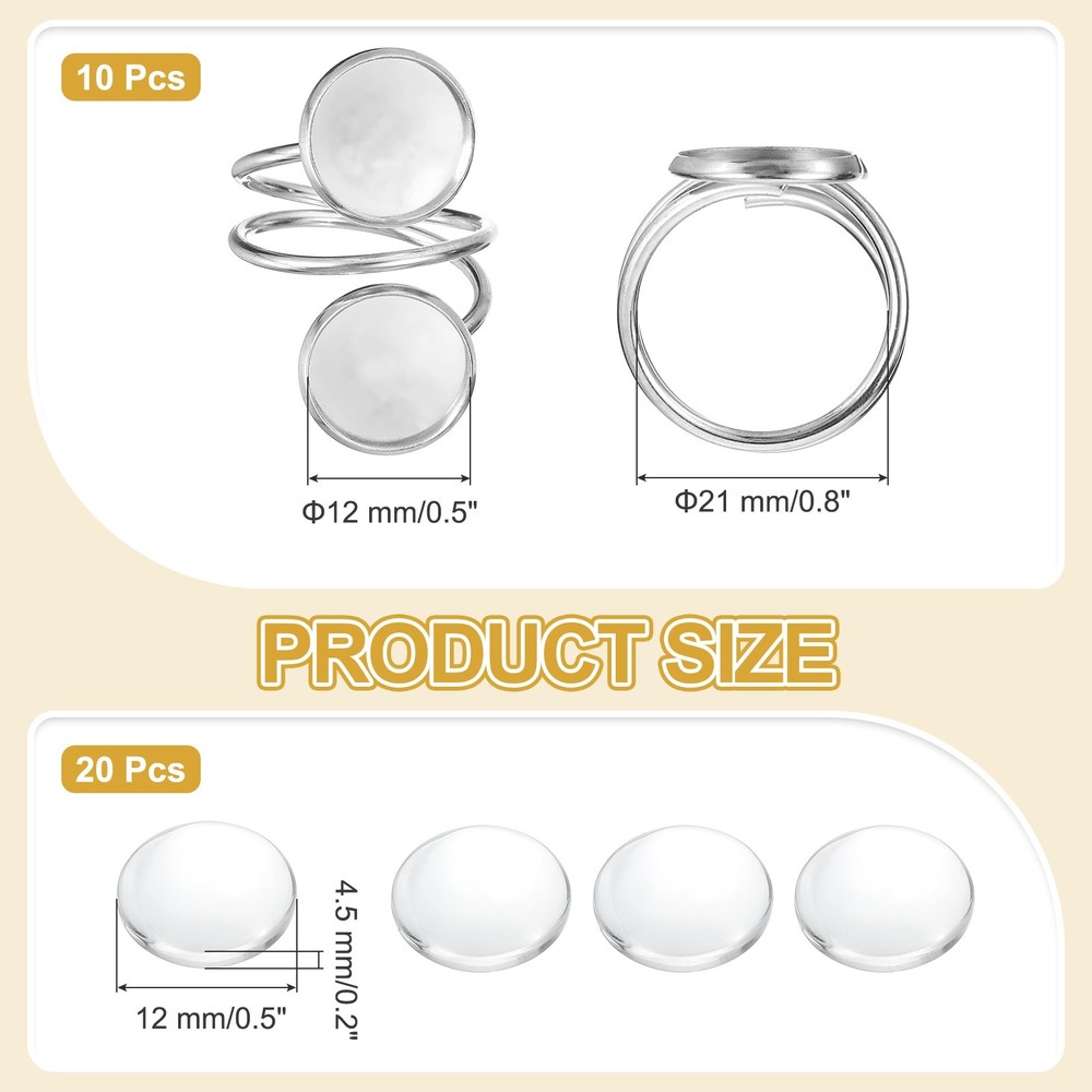 10Pcs 12mm Ring Blank Base with 20Pcs Cabochon(Light Silver)
