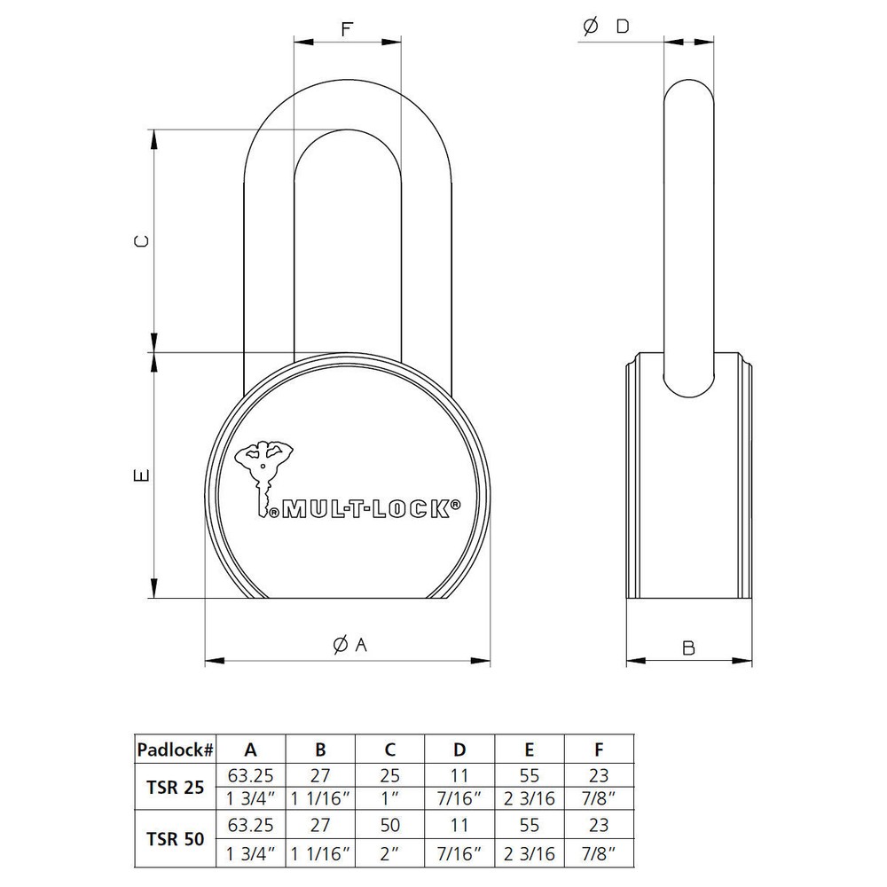 Mul-T-Lock 206SP-TSR50 Padlocks, Keyed Alike (2-Pack)
