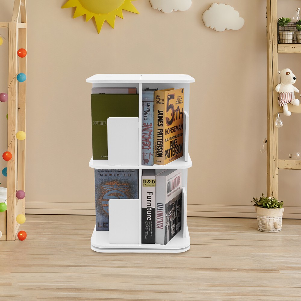 2-Tier Rotating Corner Bookshelf Open Display Storage Shelf Small Bookcase White