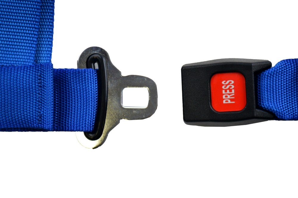 BLUE 4 POINT SEAT BELT HARNESS PULL UP LAP BELTS ROLL BAR MOUNT PUSH BUTTON