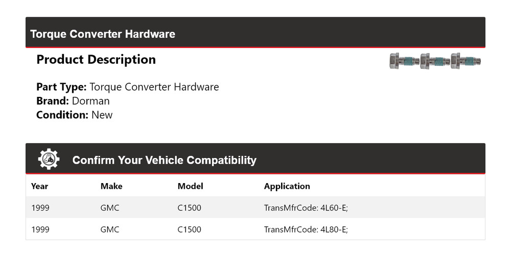 For 1999 GMC C1500 Dorman Torque Converter Hardware