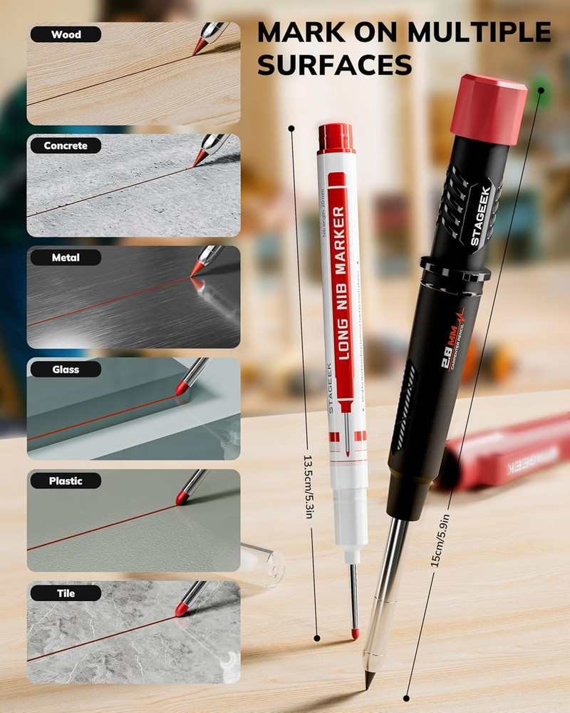 3 Pack Carpenter Pencils with Sharpener, Mechanical Carpenter Pencils with 57 Re