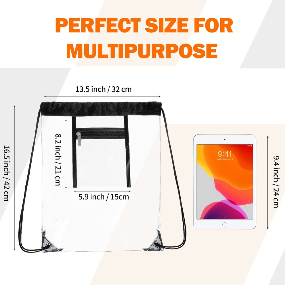 2 PACK Clear Drawstring Bag Stadium Approved, See Through PVC One Size, Black