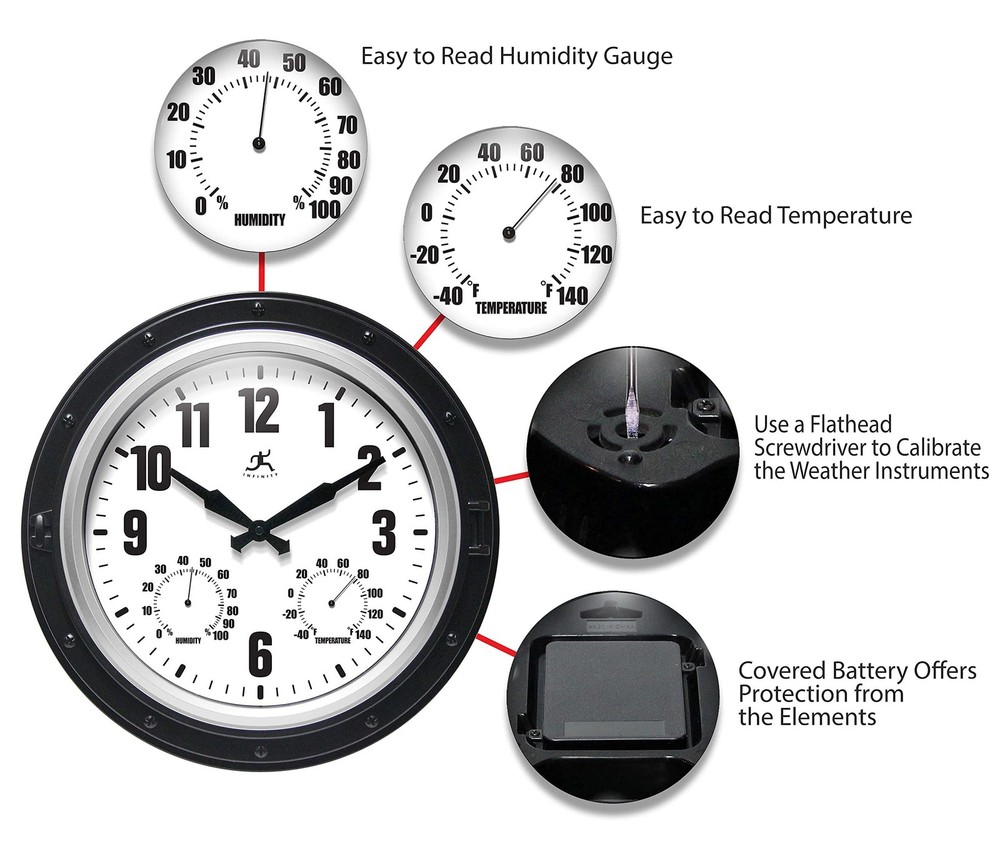 Infinity Instruments Forecaster Indoor/Outdoor Wall Clock, Thermometer, Hygro...