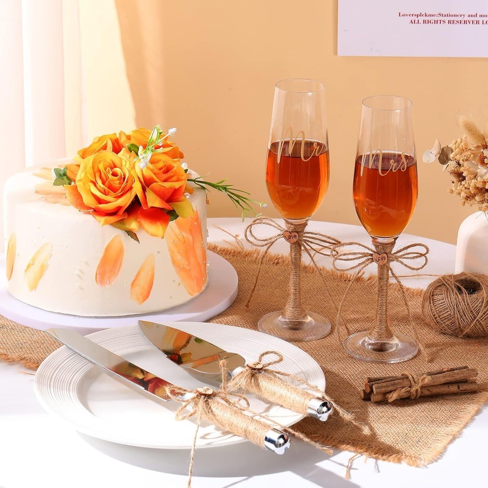 4 Pcs Wedding Cake Knife and Champagne Flutes Server Set For Bride