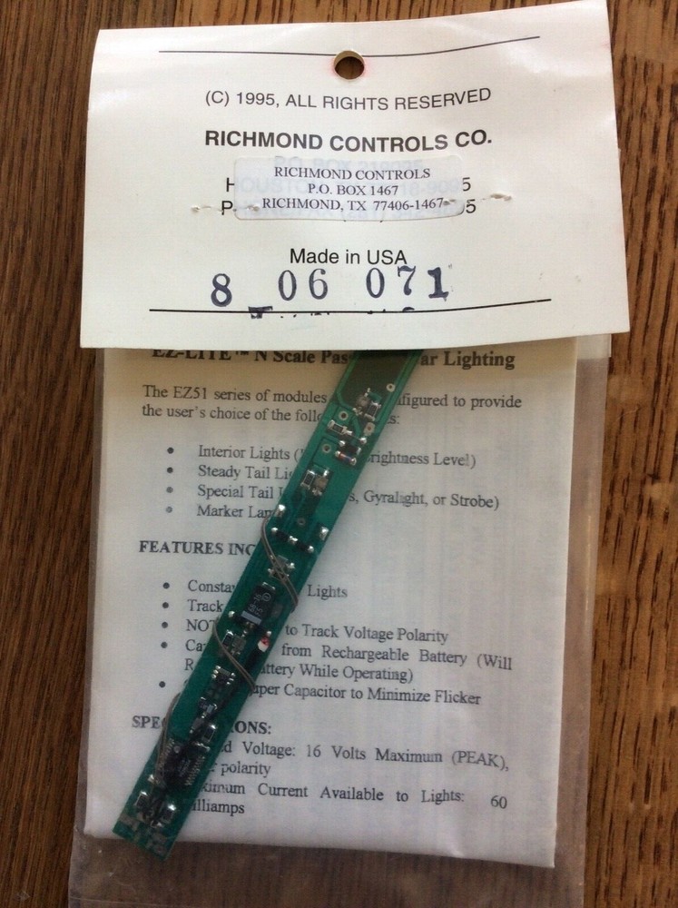 SEALED! Richmond Controls EZ-LITE Model EZ51 N Scale Passenger Car Light Kit