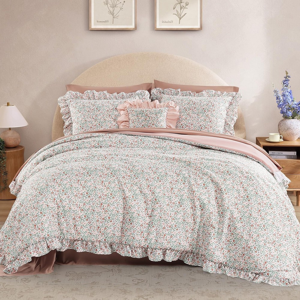 BLOOMHAVEN Queen Comforter Set - 7 Pieces Ruffle Pink Ditzy Bedding Sets, Sha...
