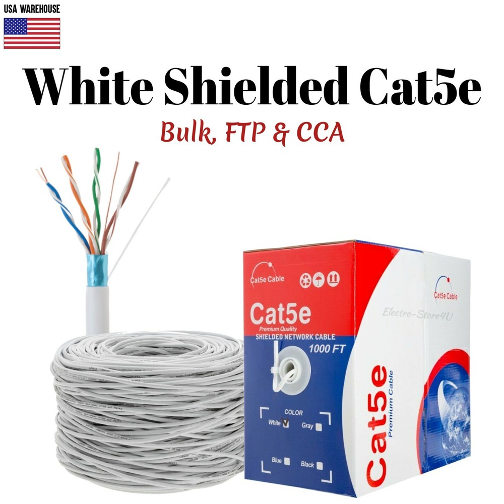 Shielded 1000ft Cat5e Cable White Network FTP Solid Ethernet Lan 24AWG Bulk Wire