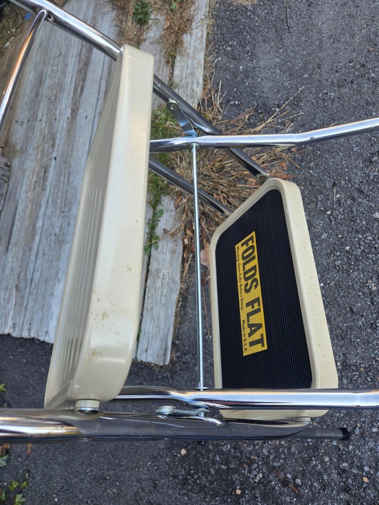 Vintage 1960s Folding Two Step Stool Chrome & Beige