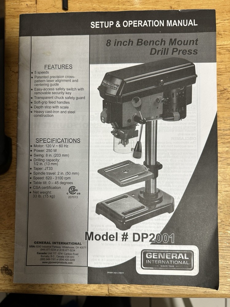 General International 8" 5 Speed Drill Press w/ Cross-pattern laser DP2001