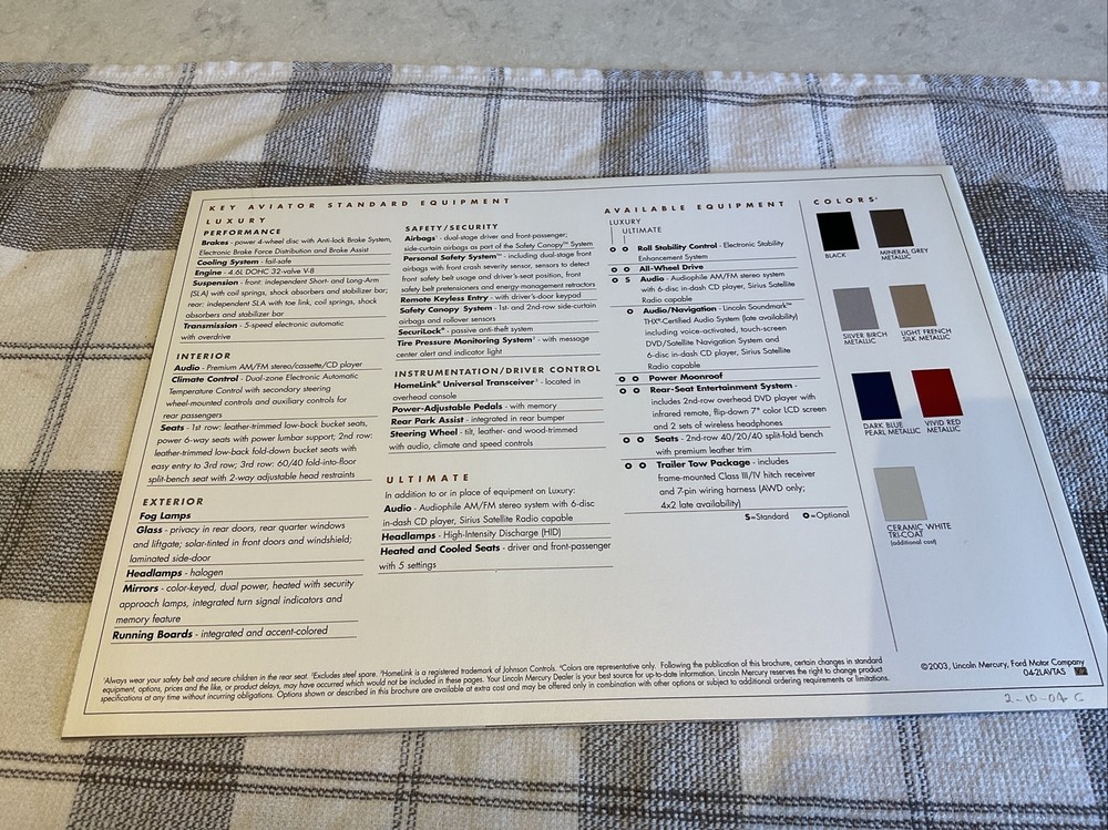 2004 Lincoln Aviator sales brochure 4 pg folder ORIGINAL