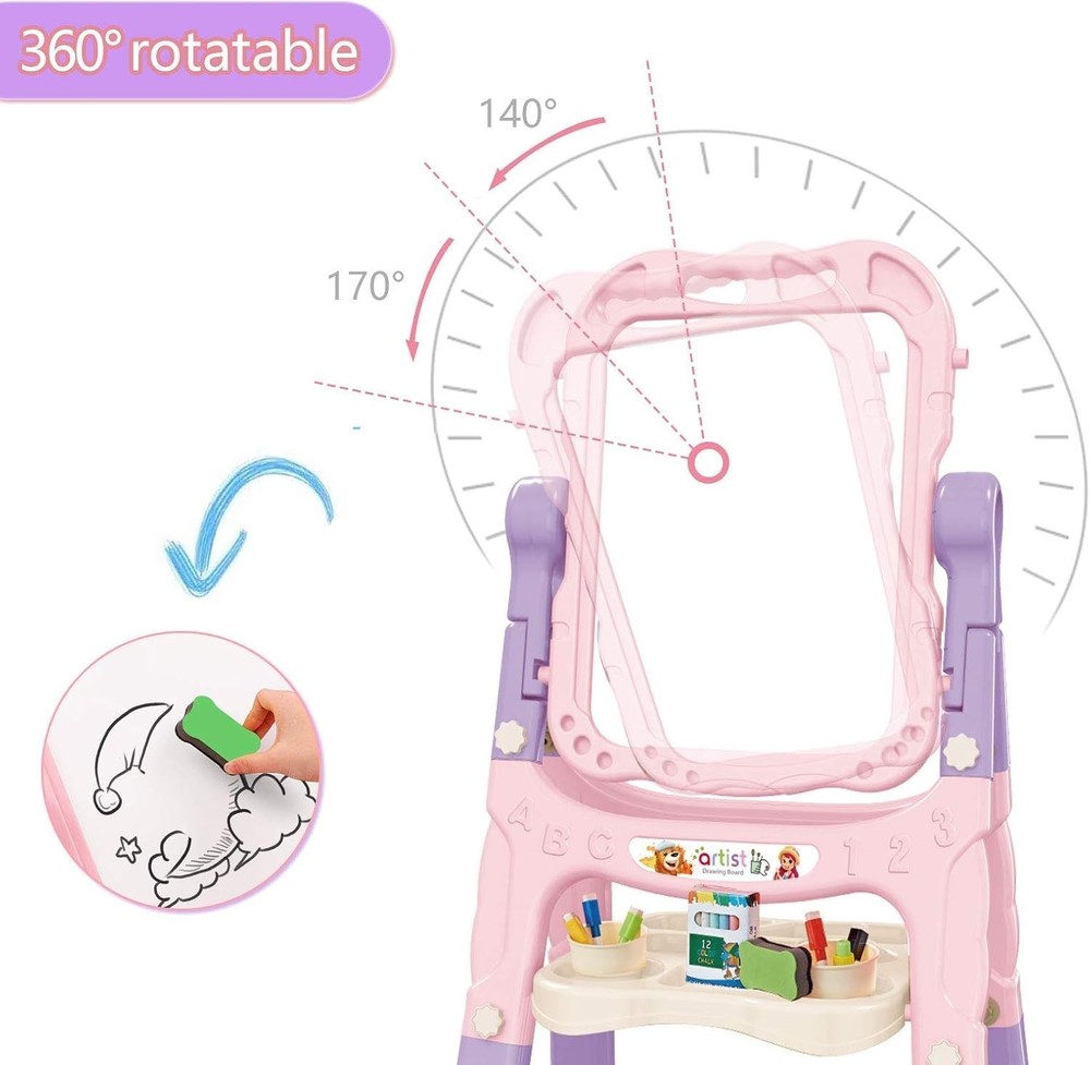 Art Easel for Kids, Adjustable Standing Rotatable Double Sided Easel with Painti