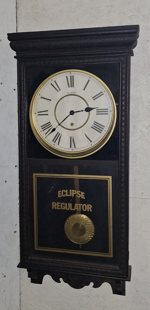 ANTIQUE SESSIONS SHOP REGULATOR "ECLIPSE" WALL CLOCK PENDULUM & KEY WORKING