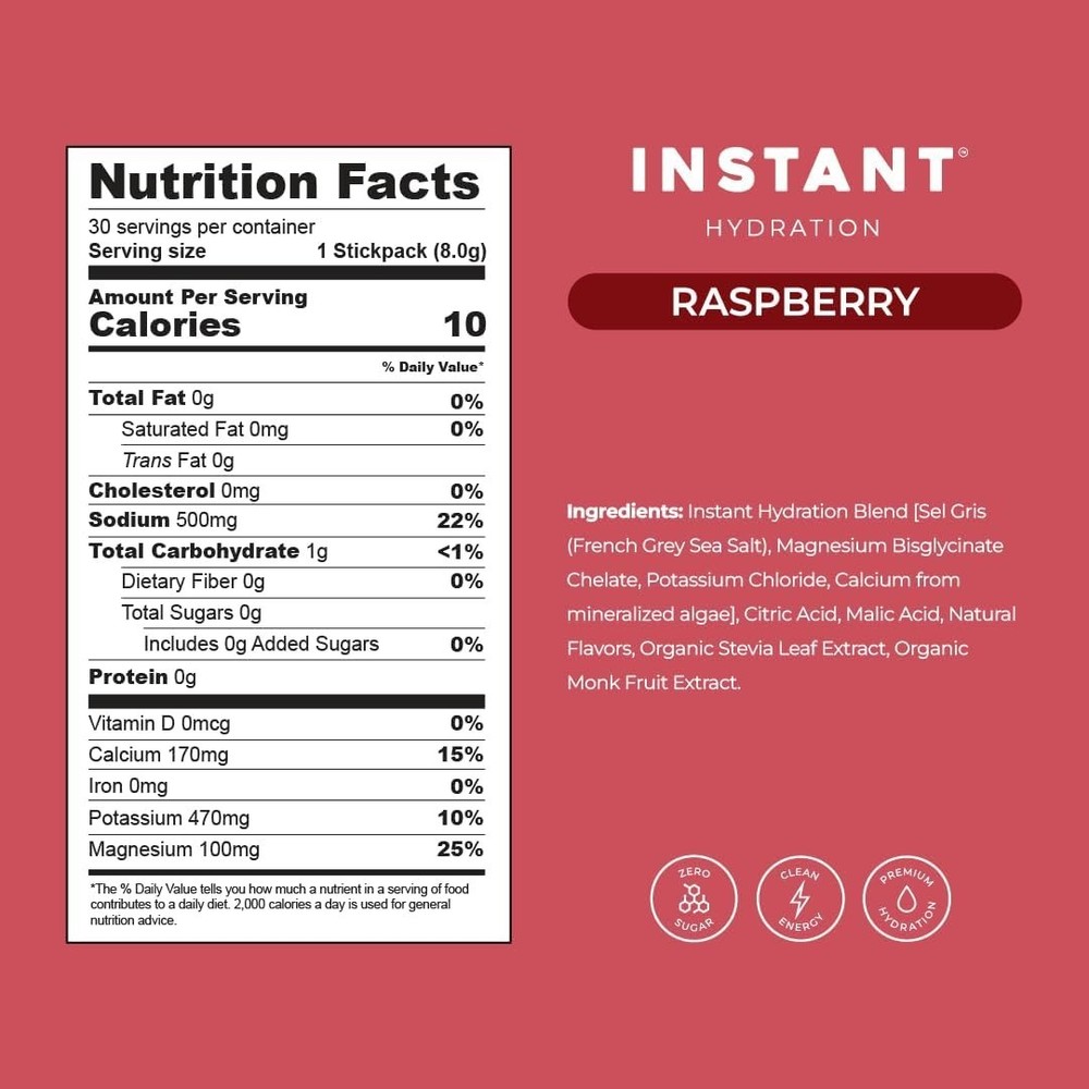 Instant Hydration Premium Electrolyte Drink Mix Raspberry 90 Packet (3X30) 07.27