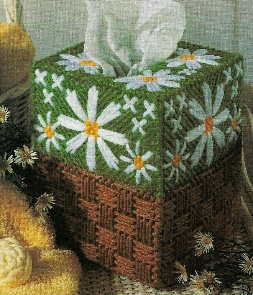 DELIGHTFUL DAISIES FLOWER TISSUE BOX COVER PLASTIC CANVAS PATTERN INSTRUCTIONS