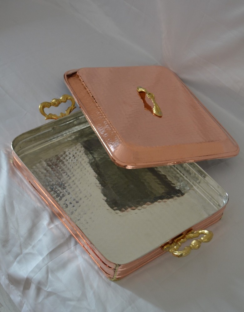 Copper Rectangular Hammered Serving Pot with Brass Handles and Lid Roaster Pan
