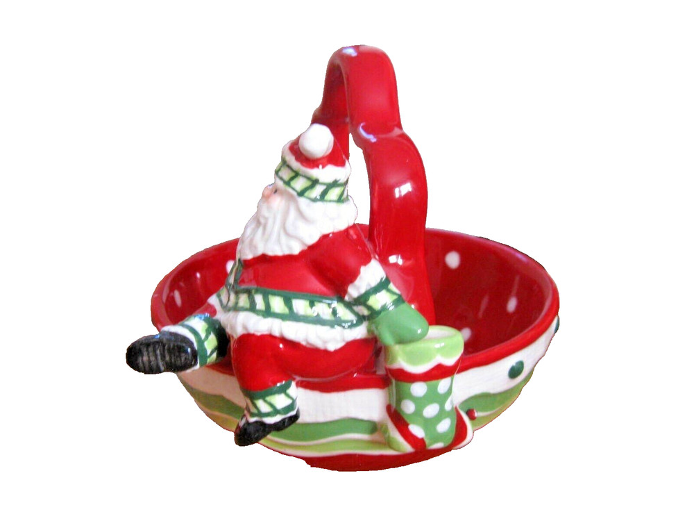 Fitz & Floyd STOCKING STUFFERS Santa Ceramic Candy Bowl Basket NIB