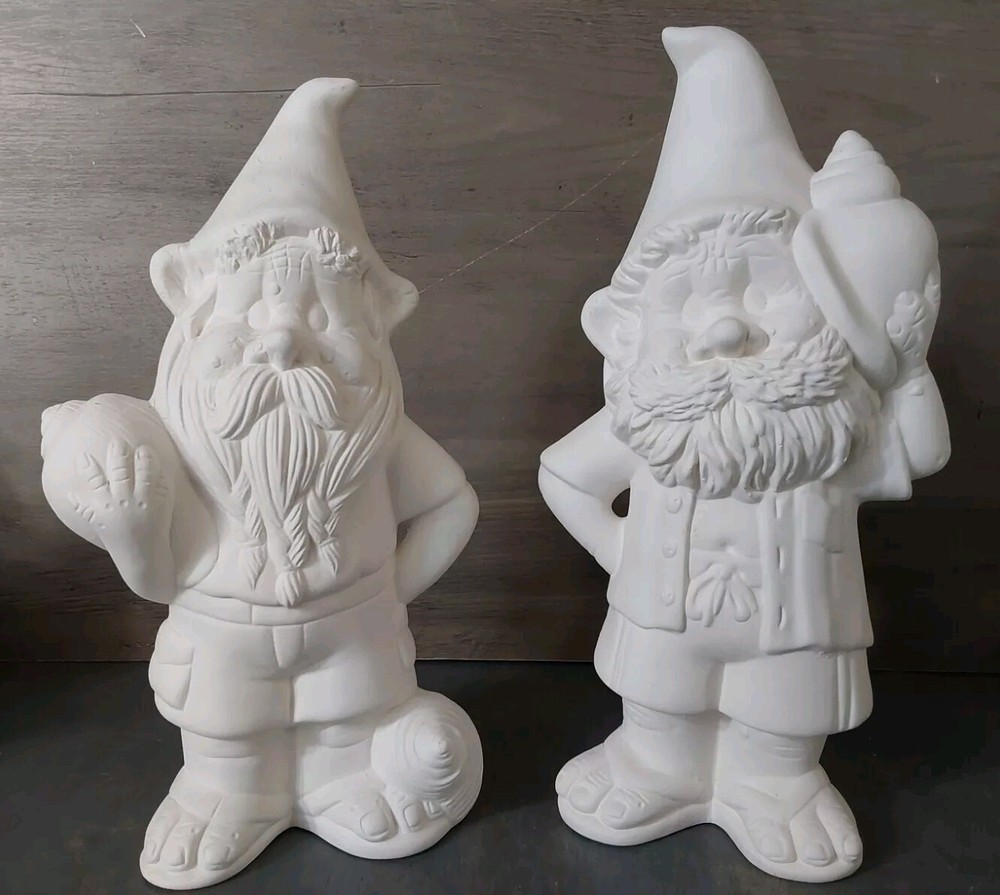 Ceramic Bisque Ready to Paint 2pc Beach Gnomes Conk Seashells 10x5.5