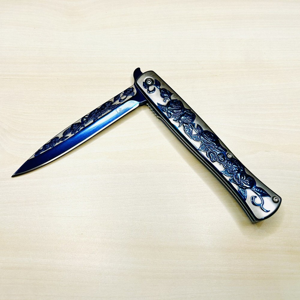 9” Blue Rose Knife Tactical Spring Assisted Open Blade Folding Pocket Knife