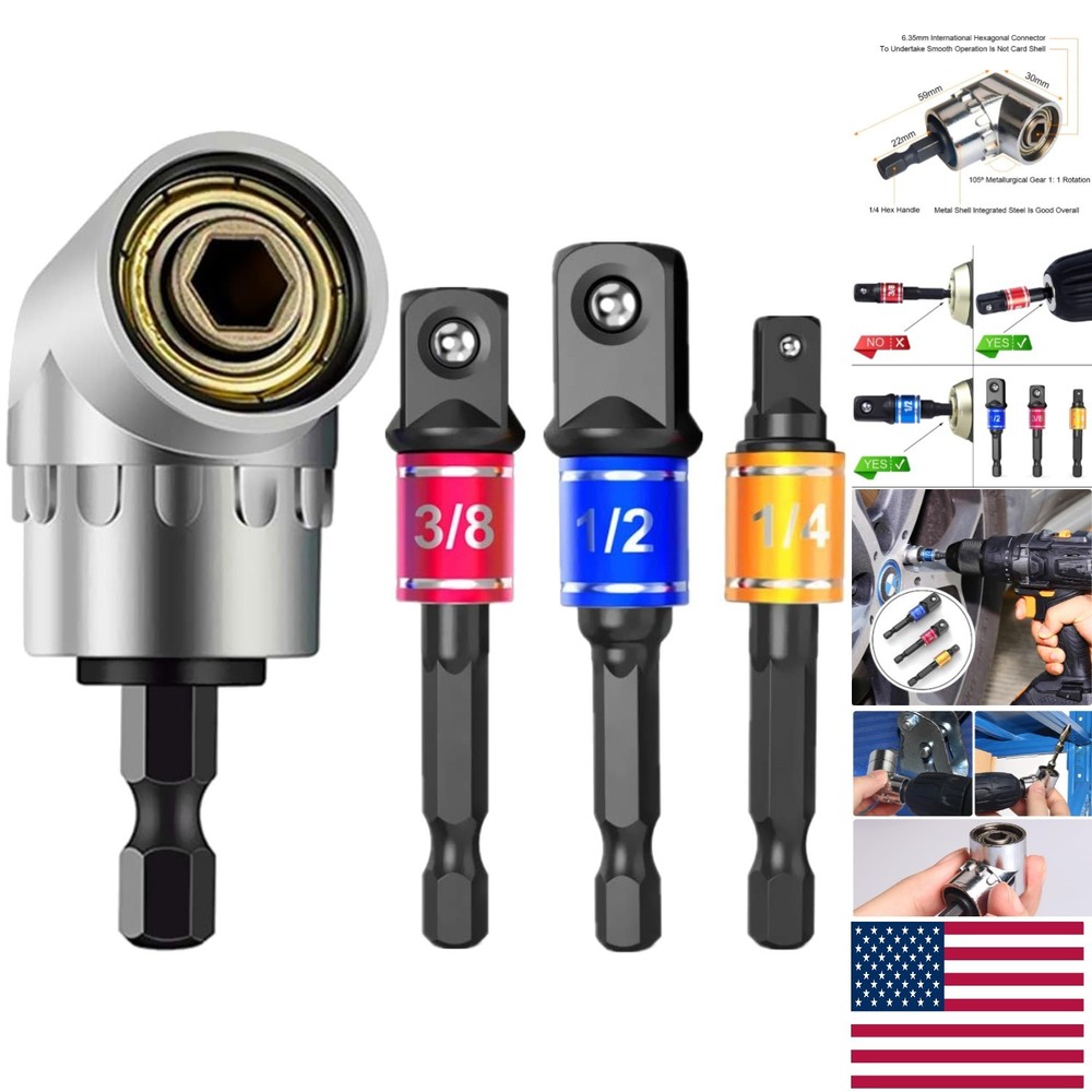 3Pcs Driver Socket Adapter Set - 1/4, 3/8 & 1/2 Inch with Right Angle