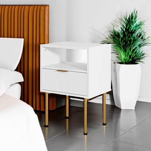 Nightstand,Morden Bedside Table with Gold Frame,Small White 1Drawer-stripe