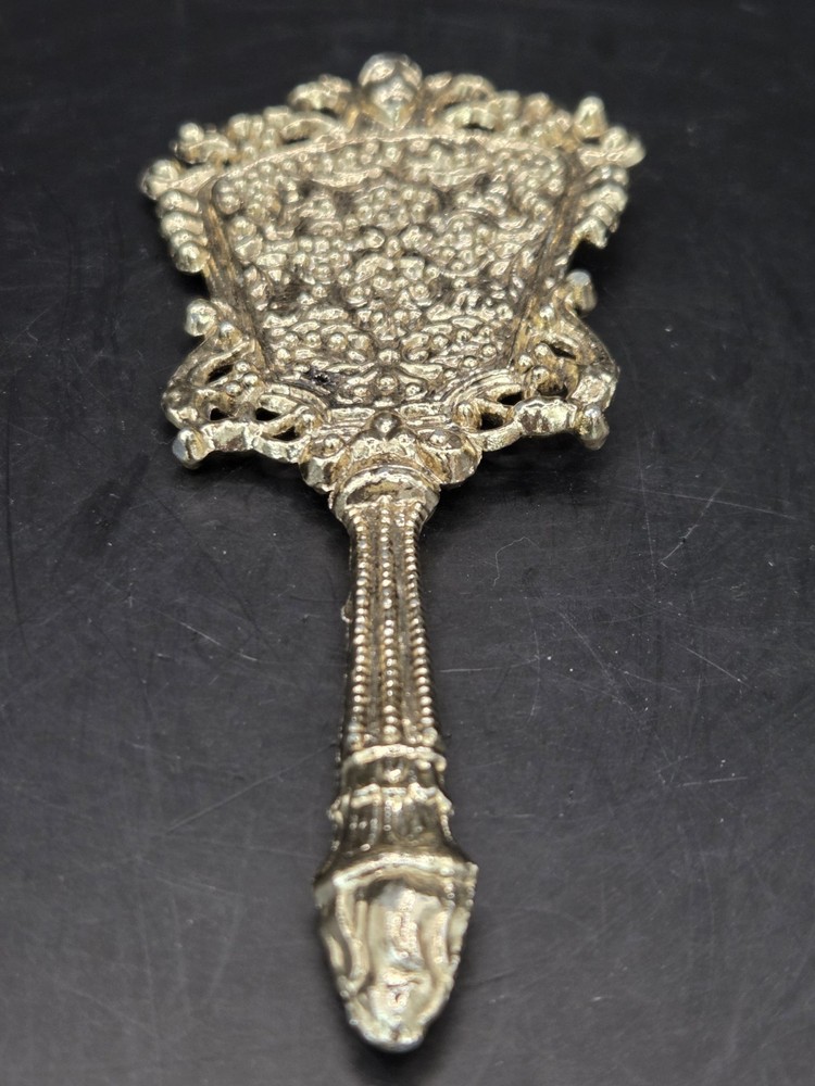 Antique Ornate Ormolu Mini Handheld Mirror Goldtone Doll Sized
