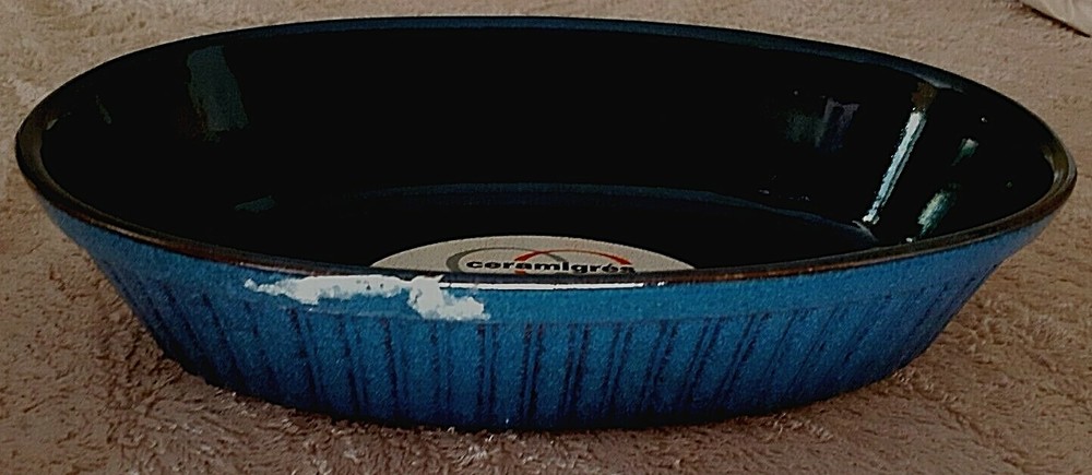 Ceramigres dark blue oval baking dish oven to table