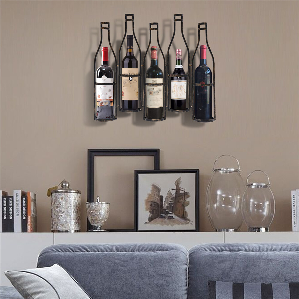 Retro Wall Mounted Wine Rack Kitchen Bar 5 Bottles Holder Storage Display Shelf