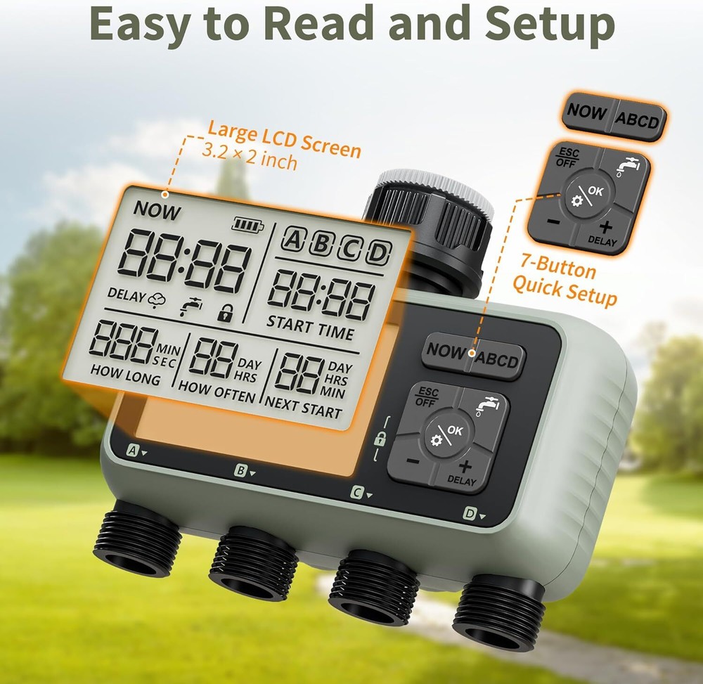 Sprinkler Timer Outdoor Programmable 4 Zone Water Timer with Rain Delay LCD IP54