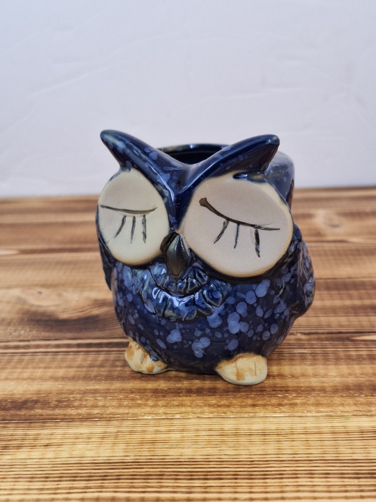 Vintage Sleeping Owl Pottery Planter  Blue Speckled Small Succulent