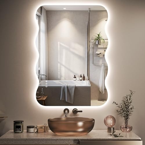 LED Bathroom Mirror - Irregular Wavy Shaped Wall Mirror with Lights, 28"x20"