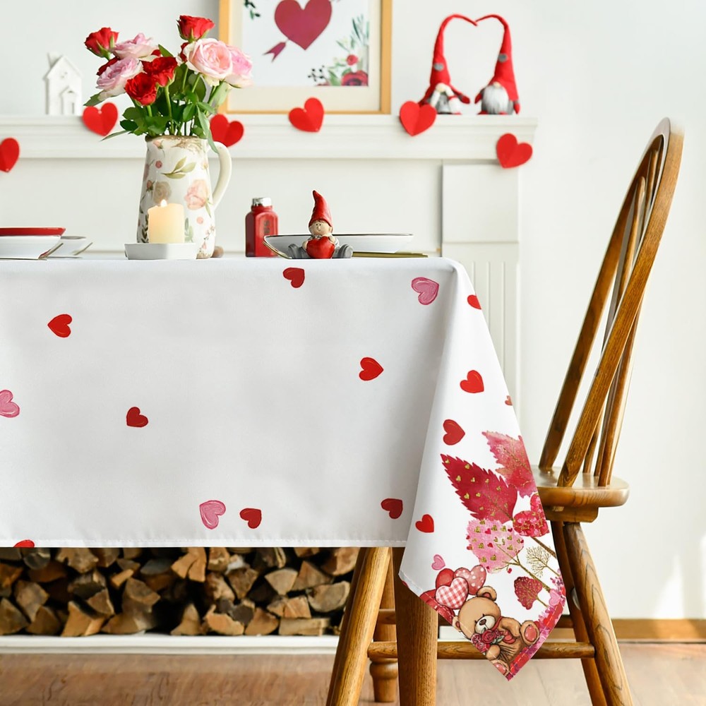 Horaldaily Valentine Tablecloth 60×84 Inch Rectangular, Teddy Bear Love Trees Bi